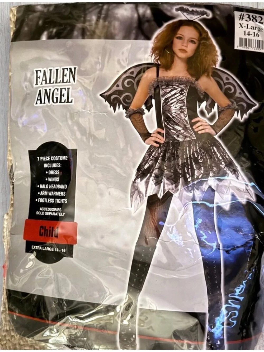 COSTUMES USA Black Silver Fallen Angel Dark Fairy Princess Wings Halo Dress XL